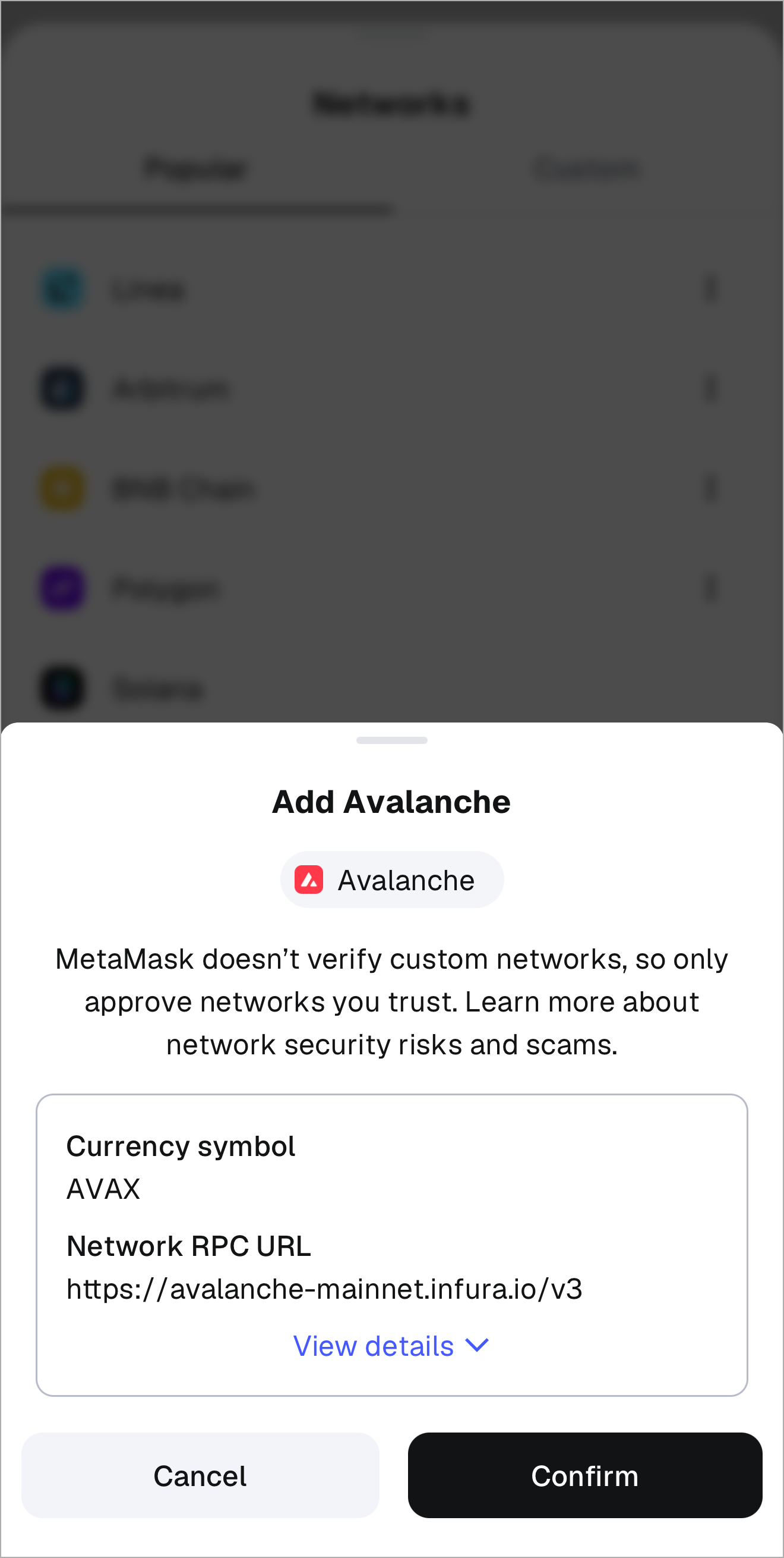 MetaMask 移动端添加新网络确认