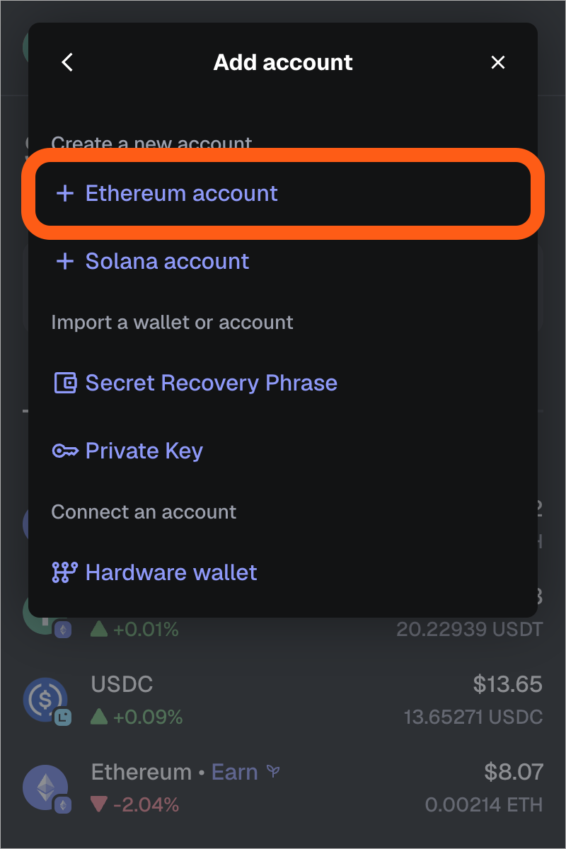MetaMask 扩展程序添加账户菜单以太坊账户