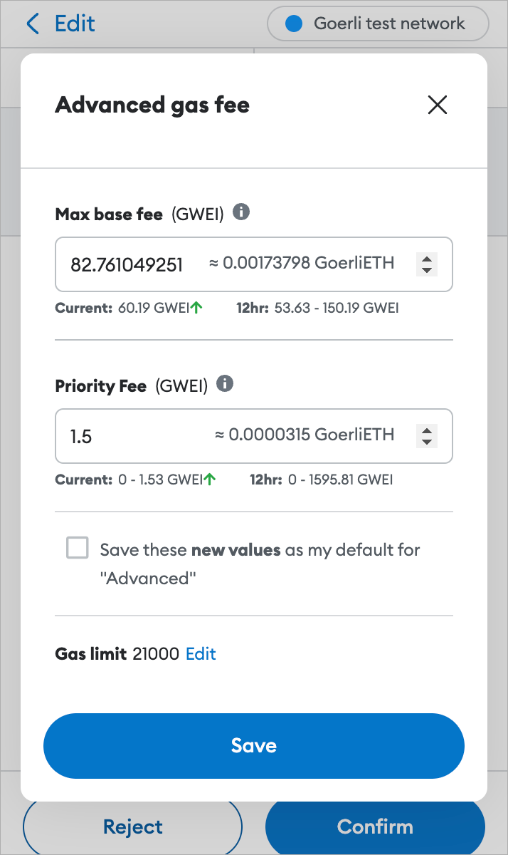 MetaMask 高级 gas 费用设置