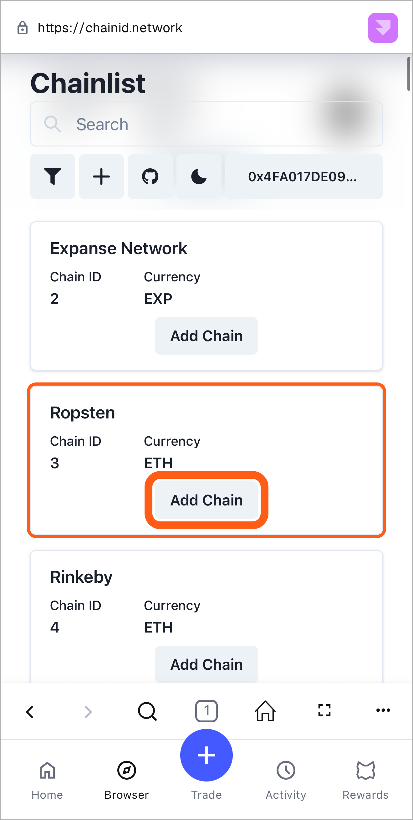 MetaMask 移动端 Chainlist 添加链按钮