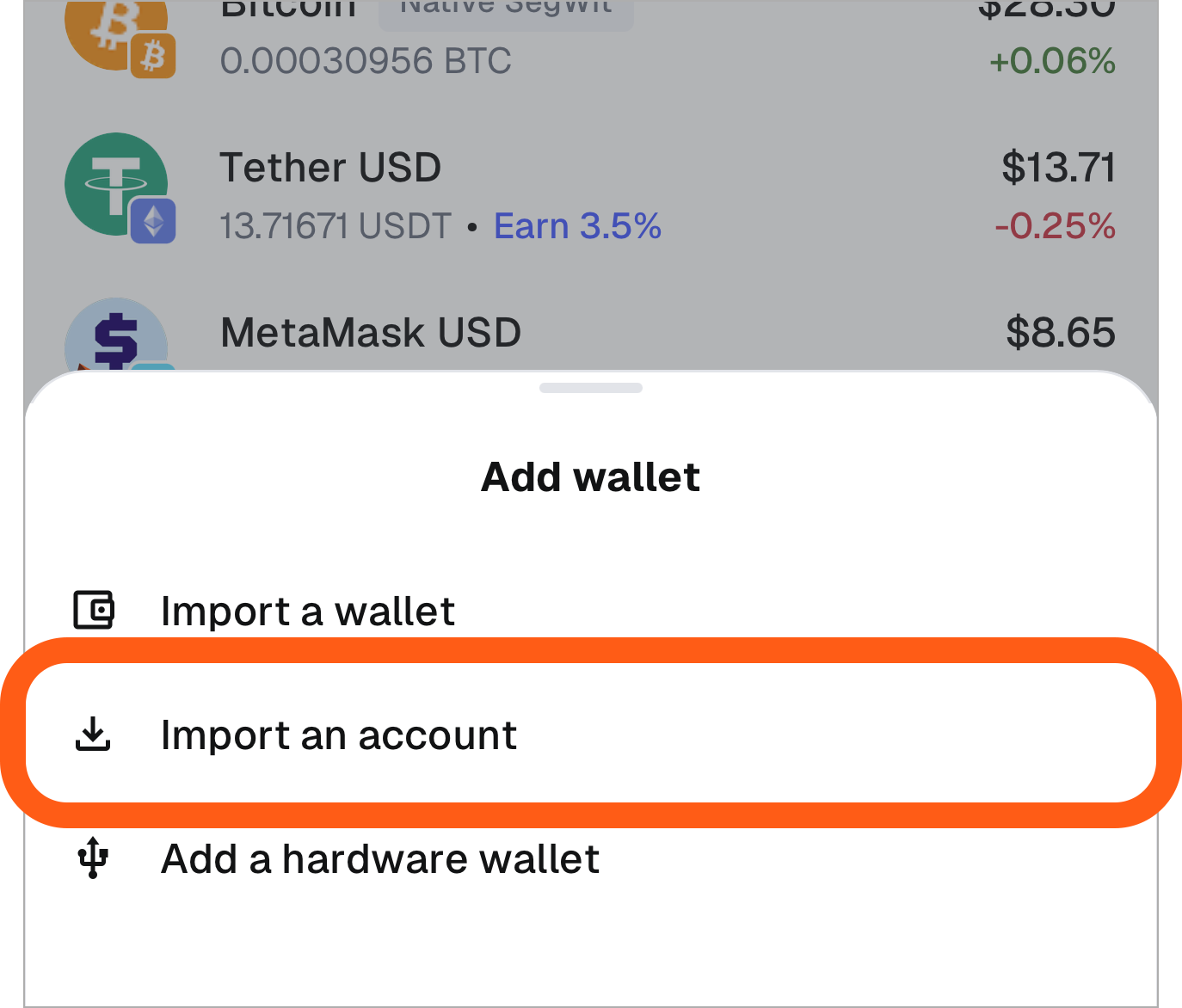 MetaMask 移动应用“添加钱包”中的“导入账户”