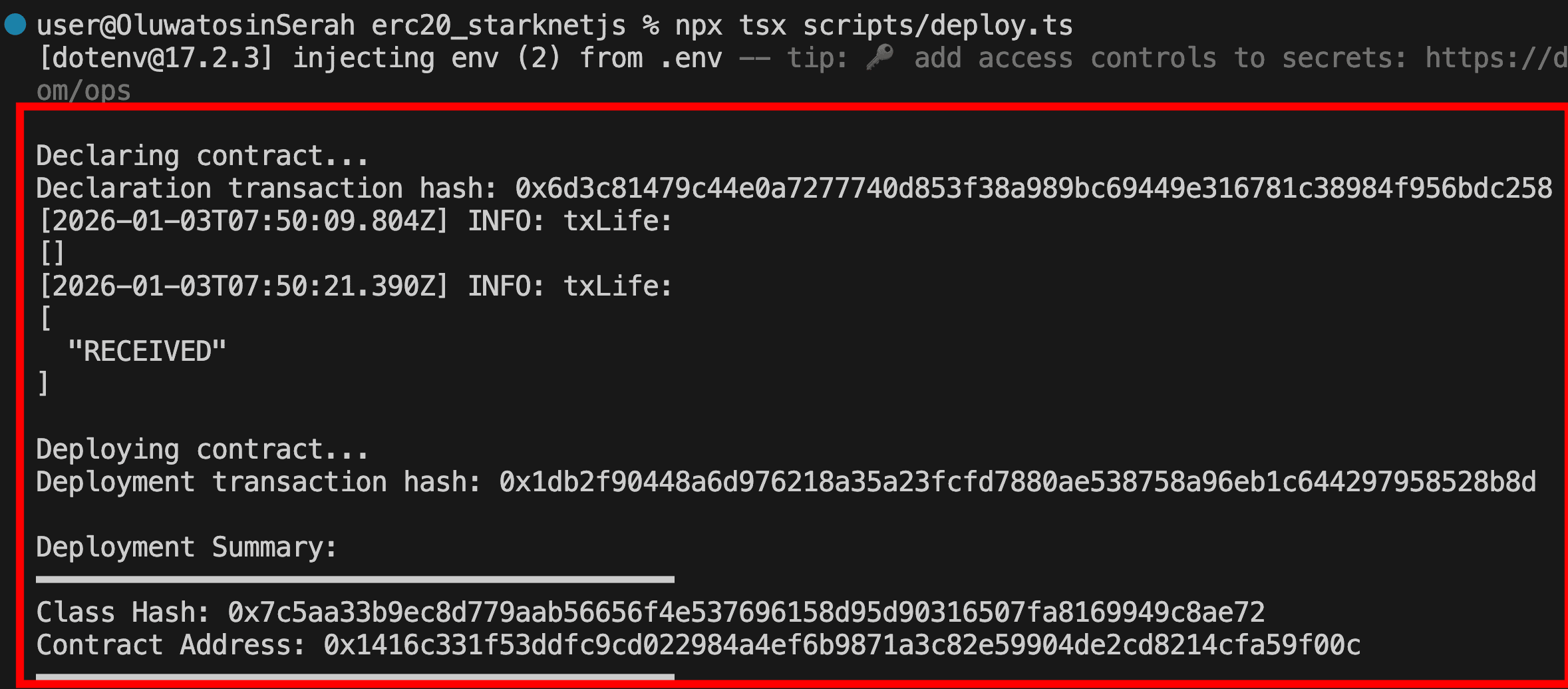 终端输出显示 TypeScript 部署脚本声明合约并显示声明交易哈希