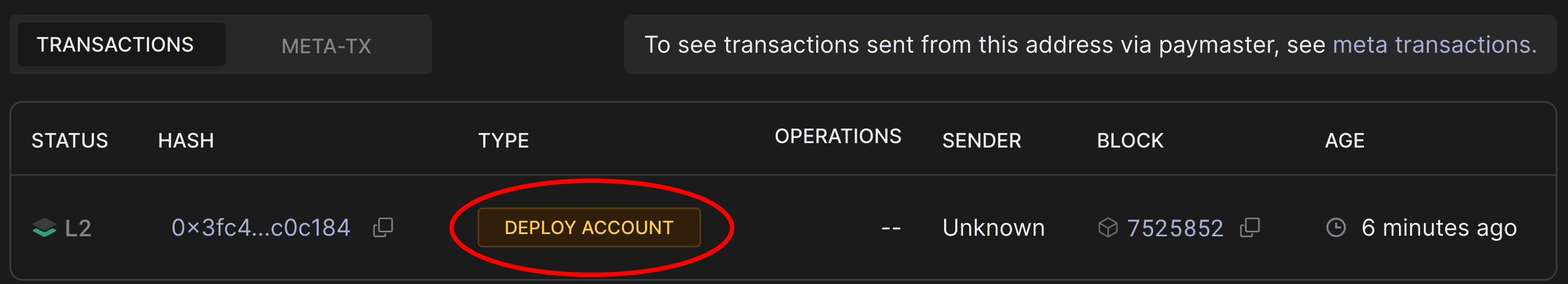 区块浏览器交易标签页,高亮显示 DEPLOY_ACCOUNT 交易类型