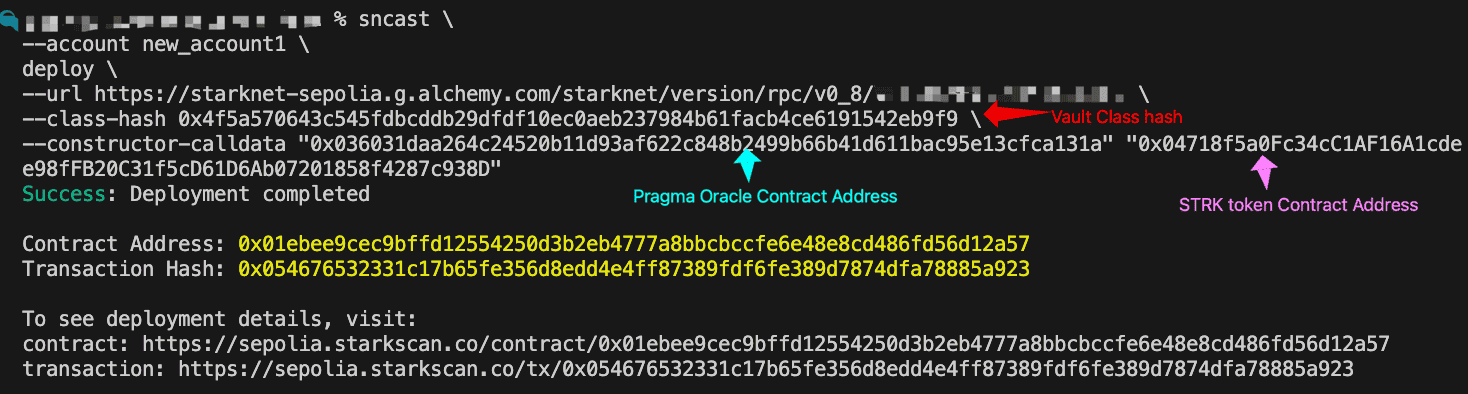 终端显示 sncast deploy 命令，包含金库 class hash、Pragma 预言机和 STRK 代币合约地址作为构造函数参数