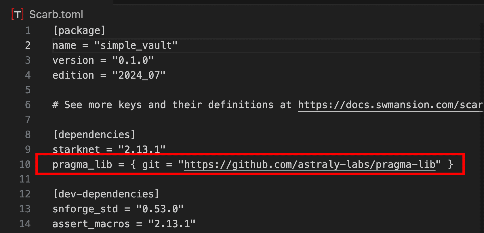 Scarb.toml 依赖项显示 pragma_lib Git 仓库 URL 高亮