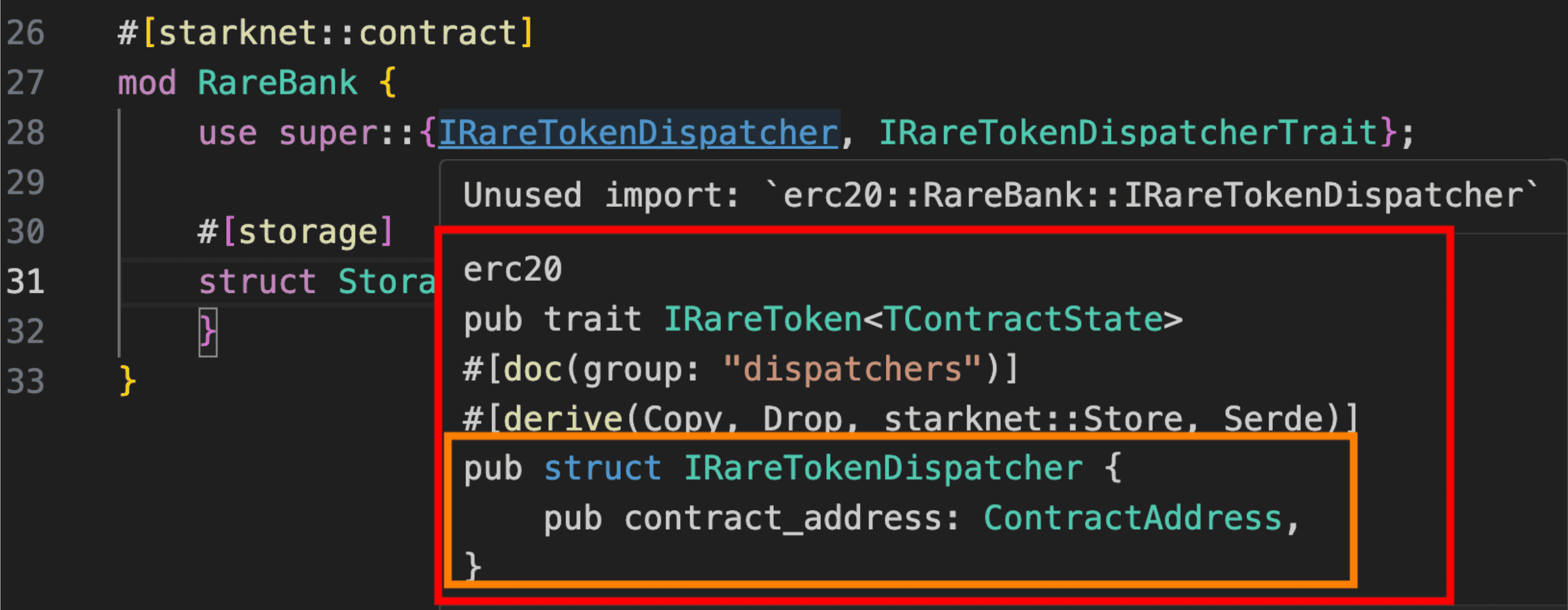 编译器生成的 IRareTokenDispatcher 结构体，显示 contract_address 字段的类型为 ContractAddress
