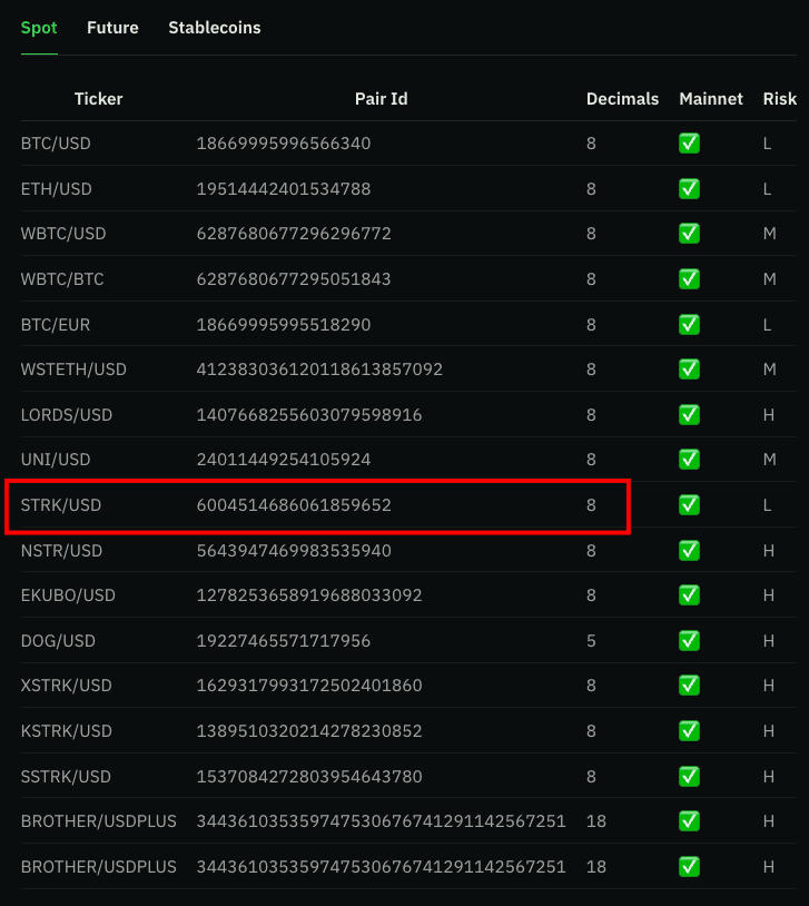 Pragma 预言机价格馈送数据显示交易对，STRK/USD 交易对 ID 高亮