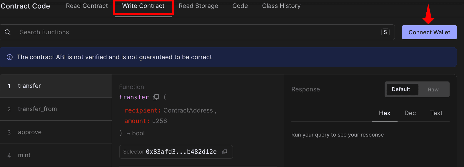 区块浏览器 Write Contract 标签页显示 transfer 函数界面,带有 Connect Wallet 按钮