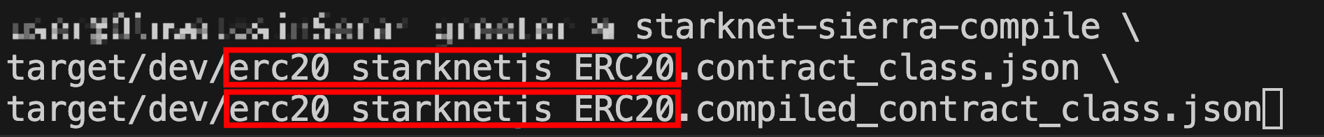 starknet-sierra-compile 命令,高亮显示 erc20_starknetjs_ERC20 合约的输入和输出文件路径