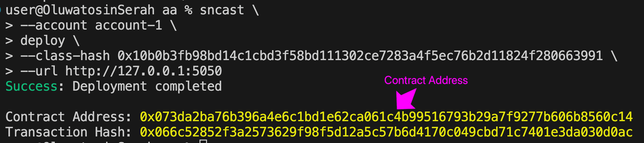 终端显示成功的 Counter 合约部署,结果中的合约地址被高亮显示