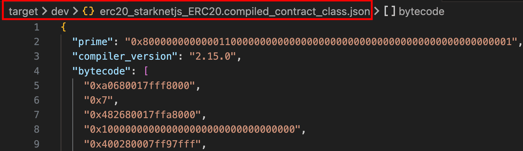 代码编辑器显示 target/dev 目录,高亮显示 erc20_starknetjs_ERC20.compiled_contract_class.json 文件,显示字节码数组