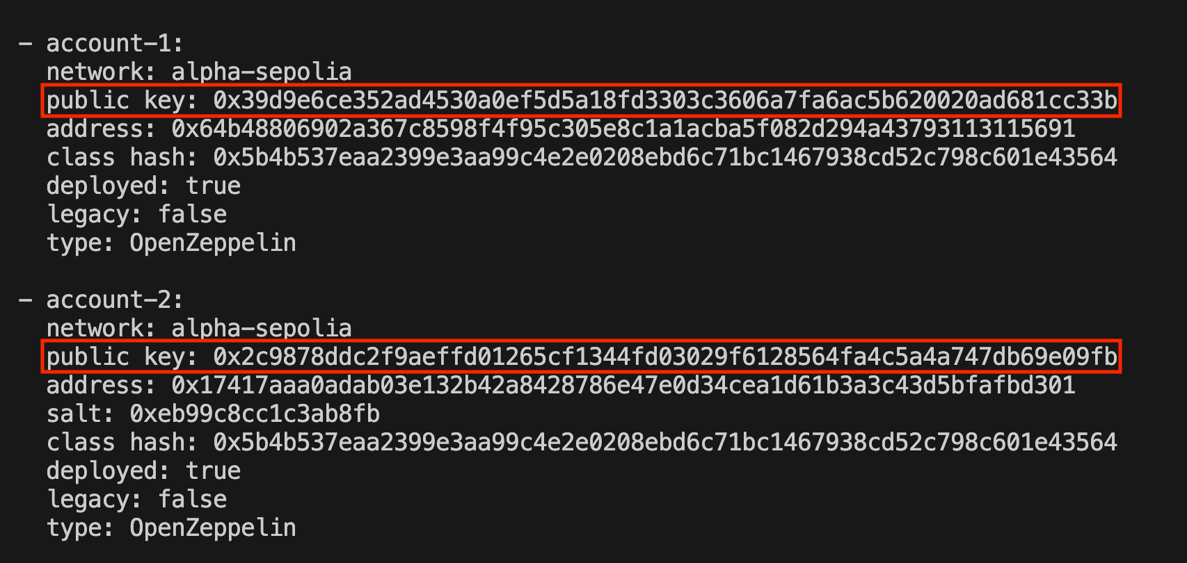 本地可用的 Starknet 账户列表截图