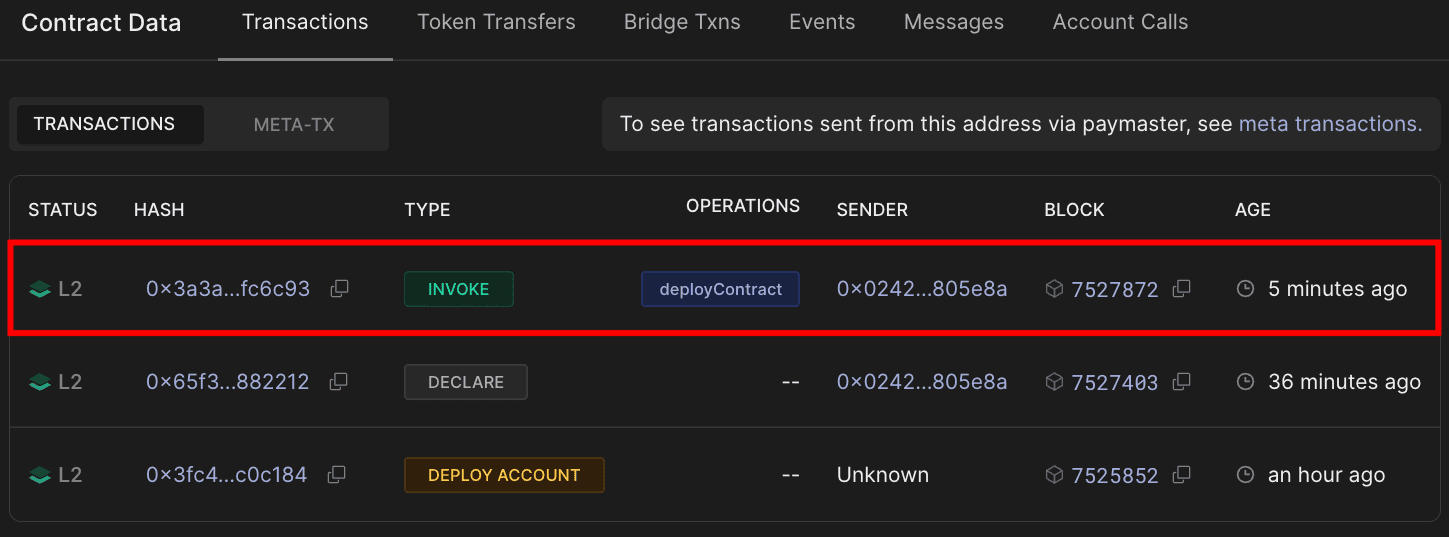区块浏览器交易视图,显示 INVOKE 类型,包含 deployContract 操作、DECLARE 交易和 DEPLOY_ACCOUNT 交易