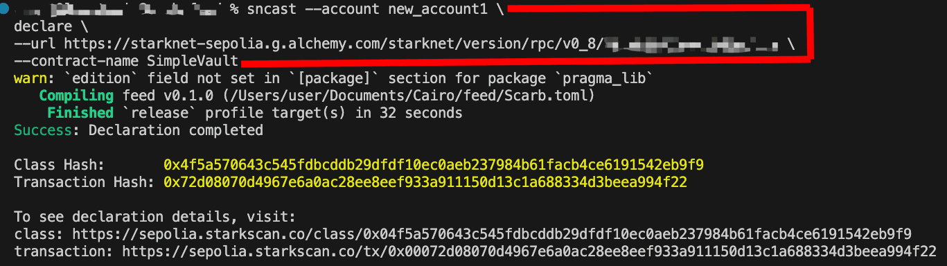 终端显示 SimpleVault 合约的 sncast declare 命令，带有 class hash 输出