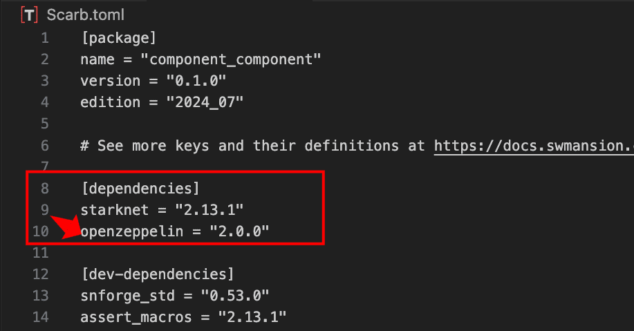 显示 starknet 和 openzeppelin 依赖的 Scarb.toml 文件