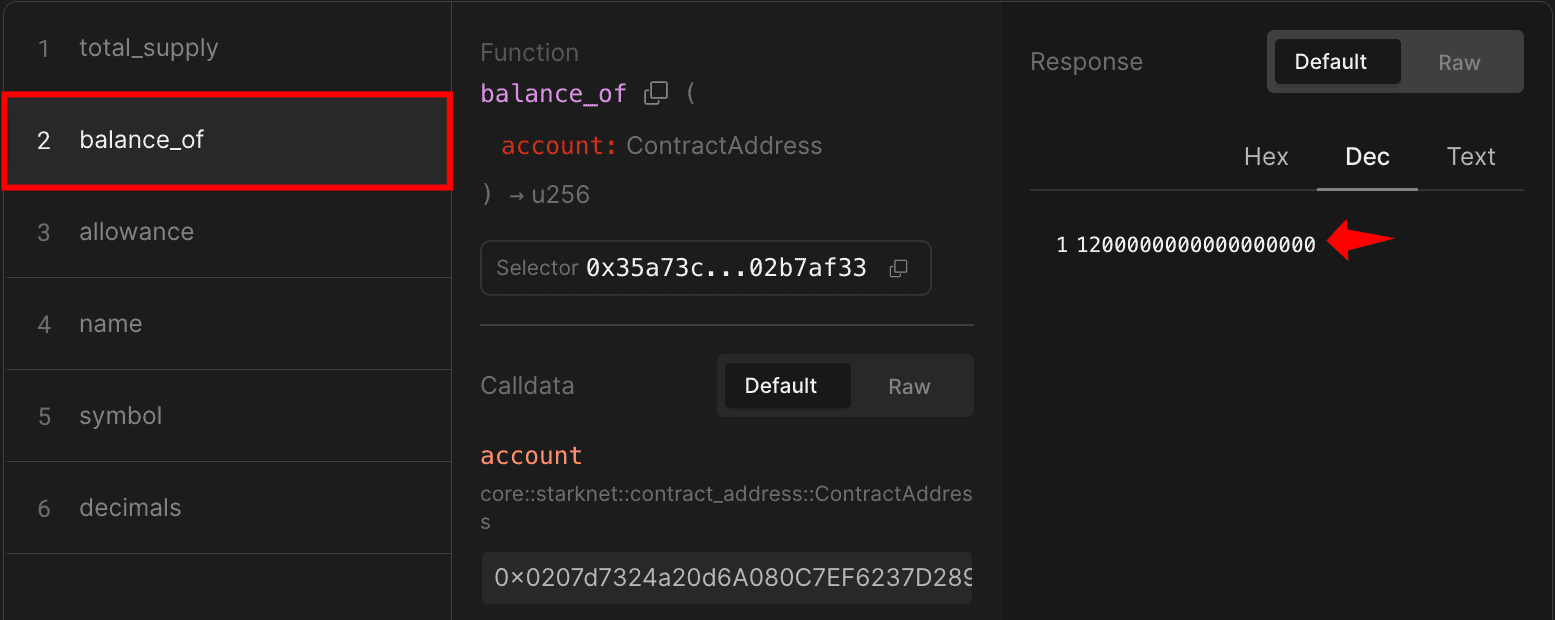 区块浏览器显示 balance_of 函数,包含账户地址输入,返回余额