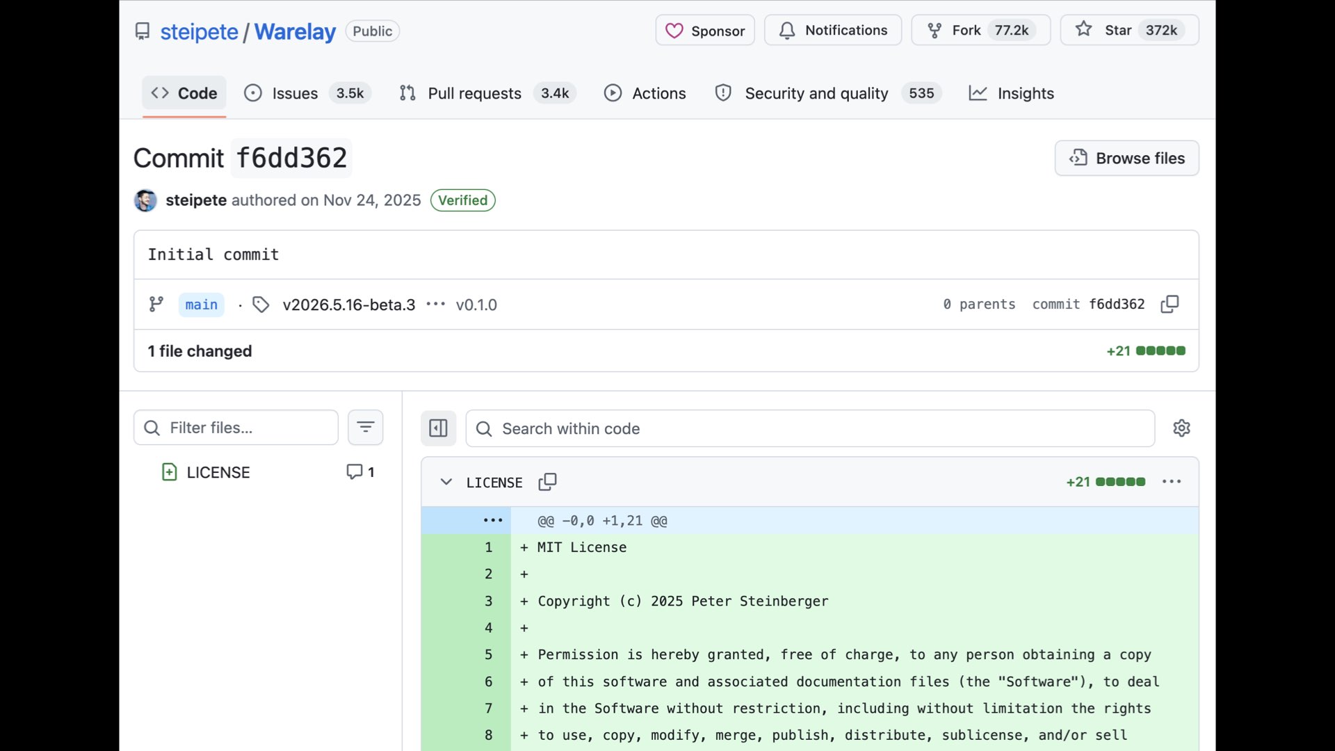 GitHub 上 "Initial commit" 的截图，仓库 steipete/Warelay，提交 f6dd362，steipete 于 2025年11月24日提交  这是 MIT 许可证的副本