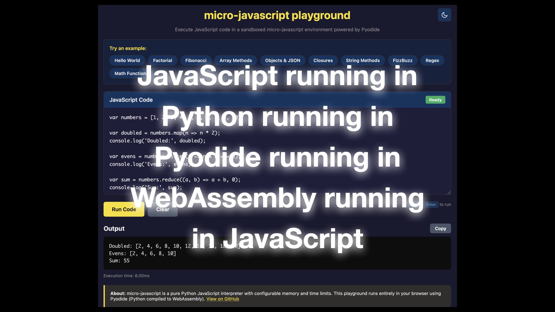 JavaScript 在 Python 中运行，Python 在 Pyodide 中运行，Pyodide 在 WebAssembly 中运行，WebAssembly 在 JavaScript 中运行