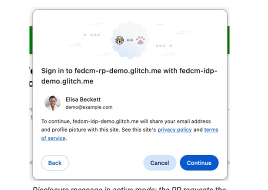 点击“使用 Google 账号登录”按钮后的 FedCM 登录流程
