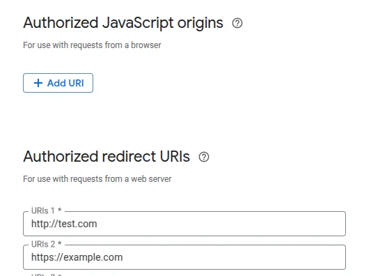 显示已获授权的来源和重定向 URI 设置的 Google Cloud Console