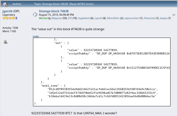 Jeff Garzik 关于比特币区块 74638 的 Bitcointalk 帖子截图，显示了两个巨大的输出值。