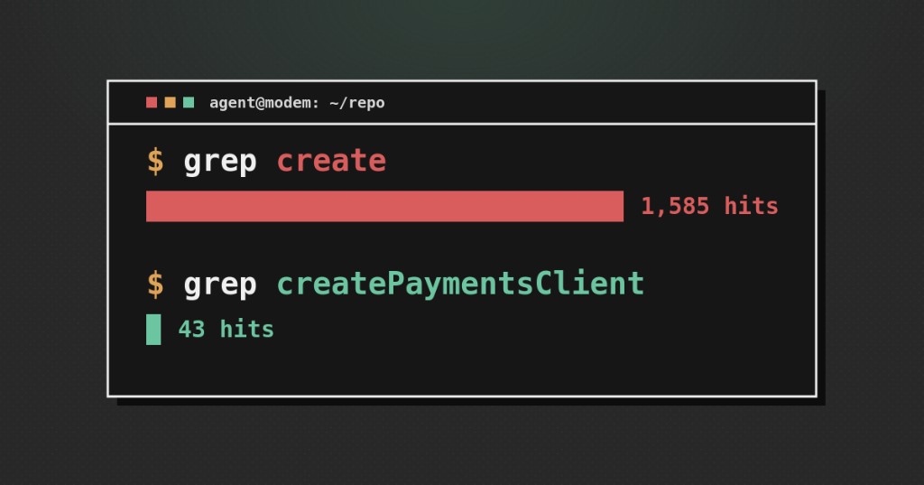对比 grep create(1585 个结果)和 grep createPaymentsClient(43 个结果)的复古终端窗口