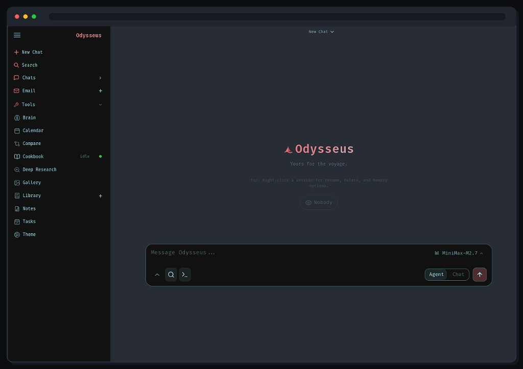 Odysseus AI 工作空间 UI:深色主题,带有粉红色的 Odysseus 标志,工具侧边栏,以及设置为 Agent 模式的聊天输入。