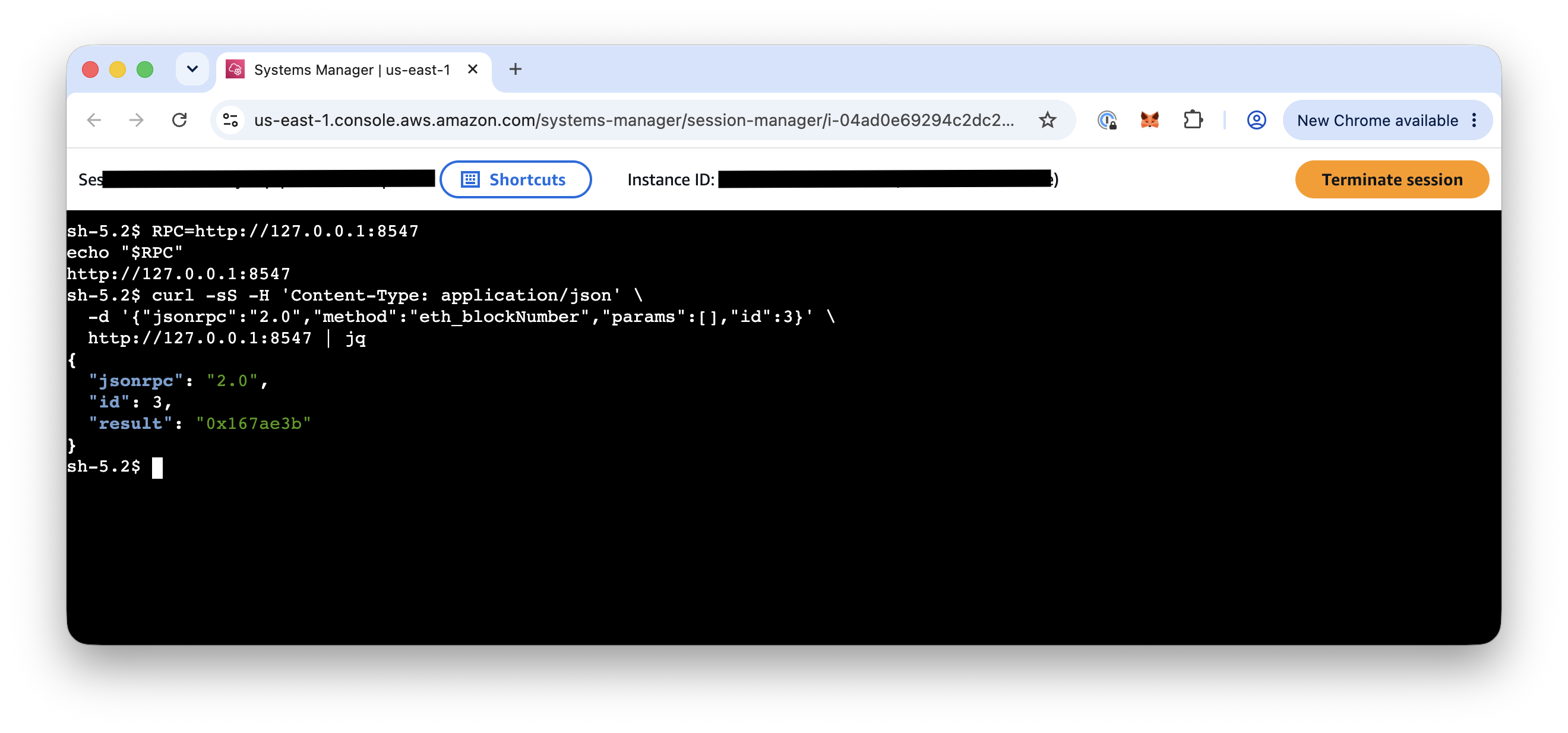 在 AWS Systems Manager 中向已同步的 Robinhood Chain 节点成功发起 eth_blockNumber 请求