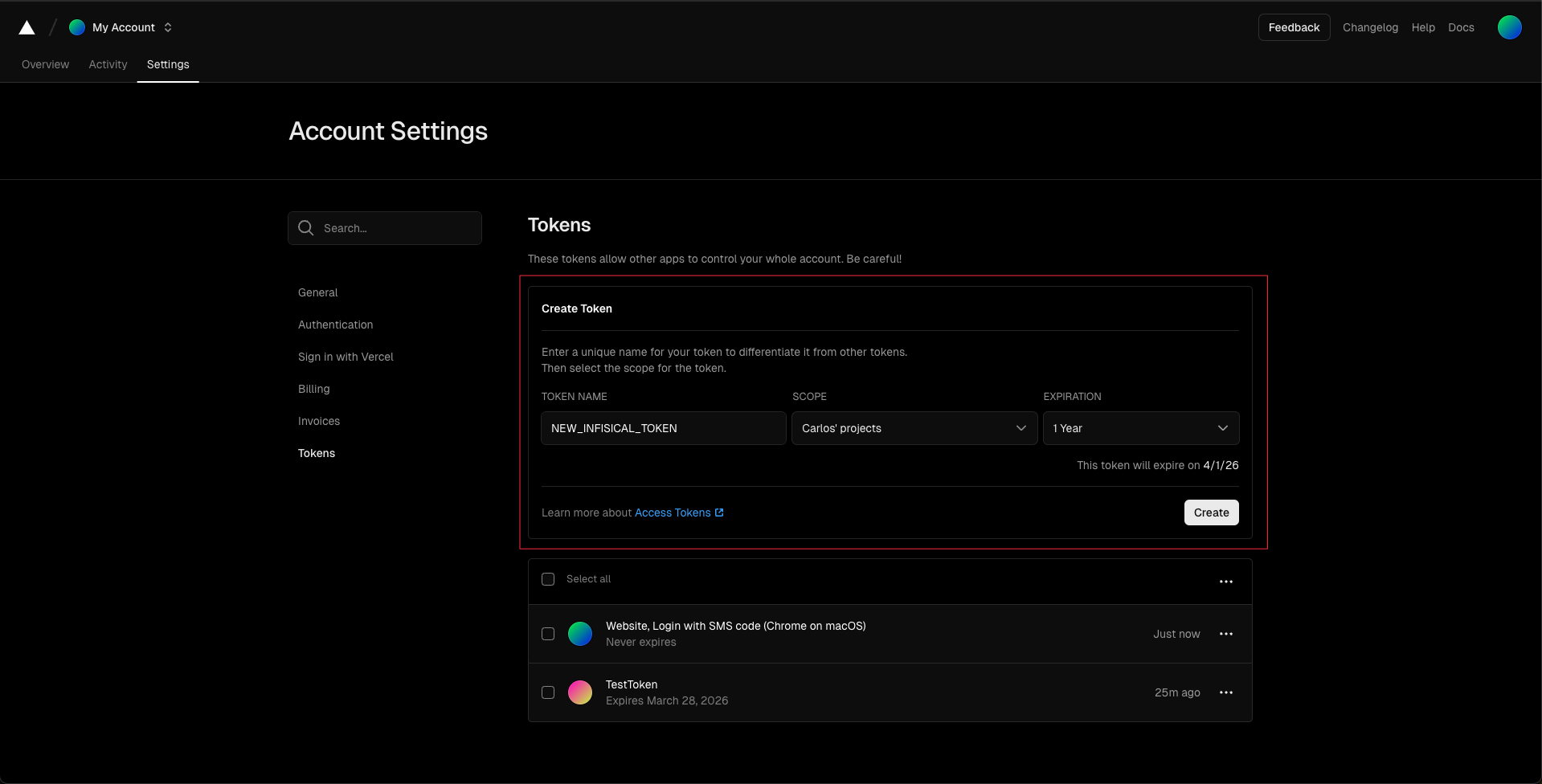 在 Vercel 的 Account Settings 中生成 API Token