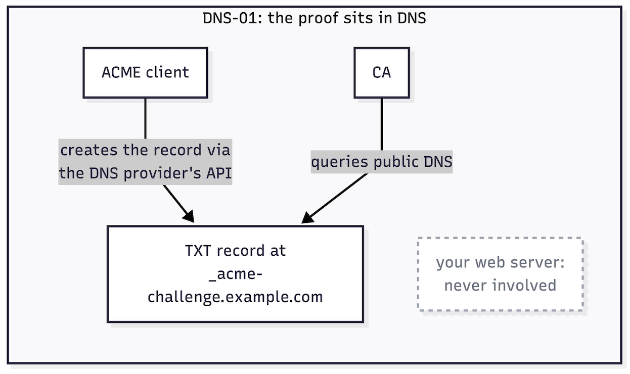 DNS-01 验证：客户端发布一条 TXT 记录，CA 查询公共 DNS