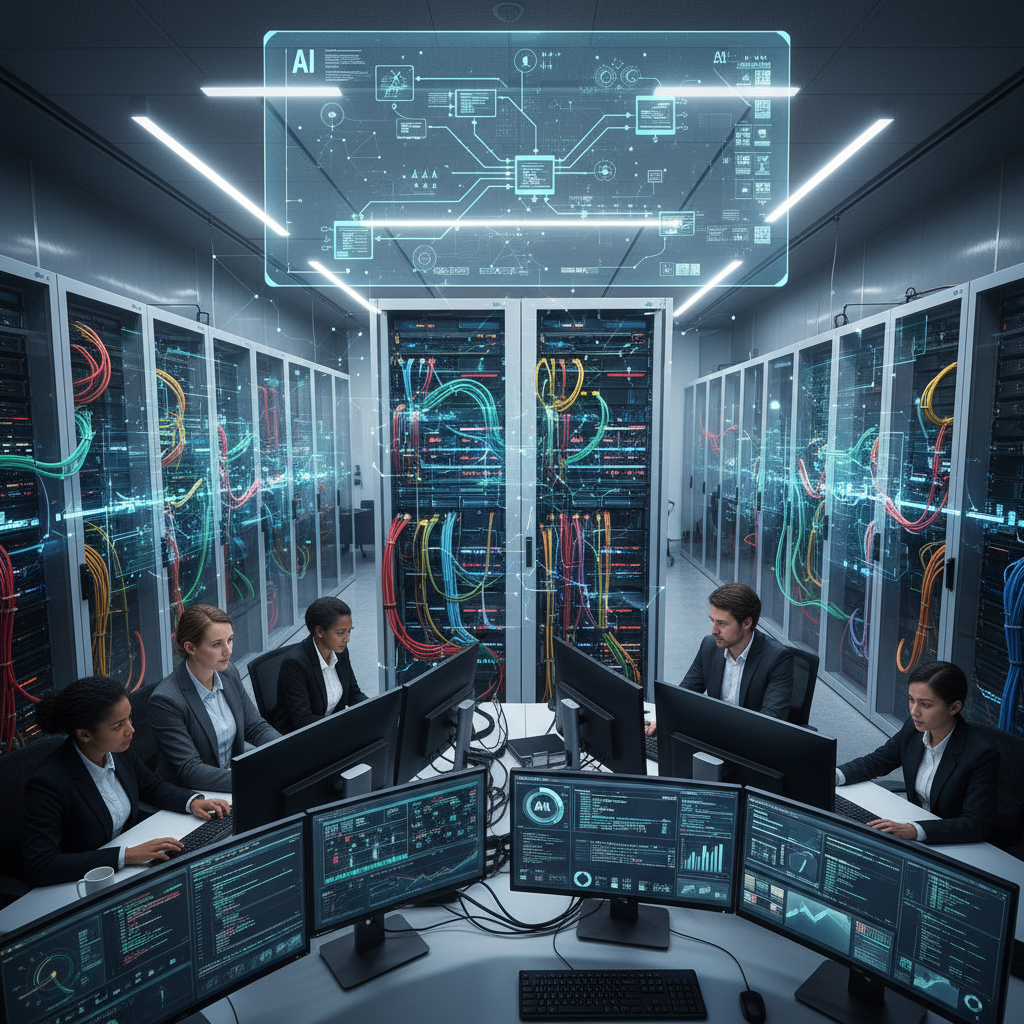 写实科技风格画面。__企业办公环境中,大量服务器、数据流和 _1767352271092.png