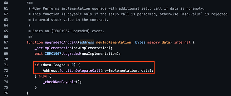 Open Zeppelin 的 UUPS upgradeToAndCall 函数代码片段，其中红框高亮显示了 if(data.length>0)条件语句