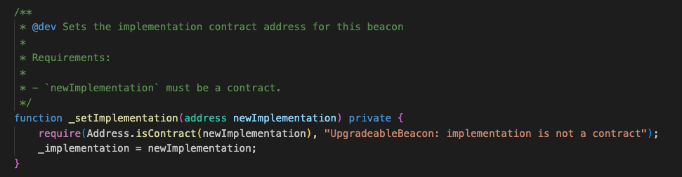 Beacon proxy _setImplementation() 函数代码片段