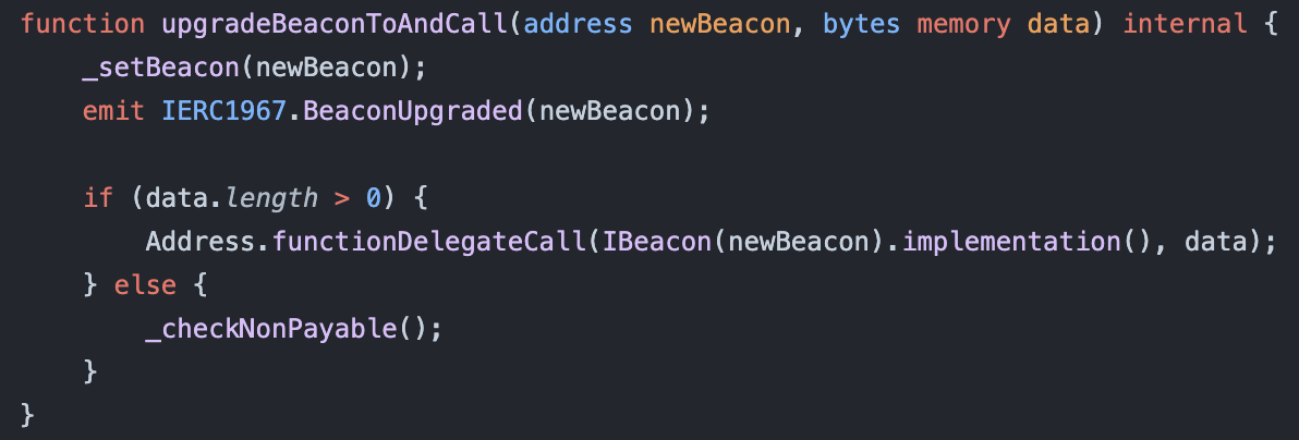 Code snippet of Beacon Proxy upgradeBeaconToAndCall() Function