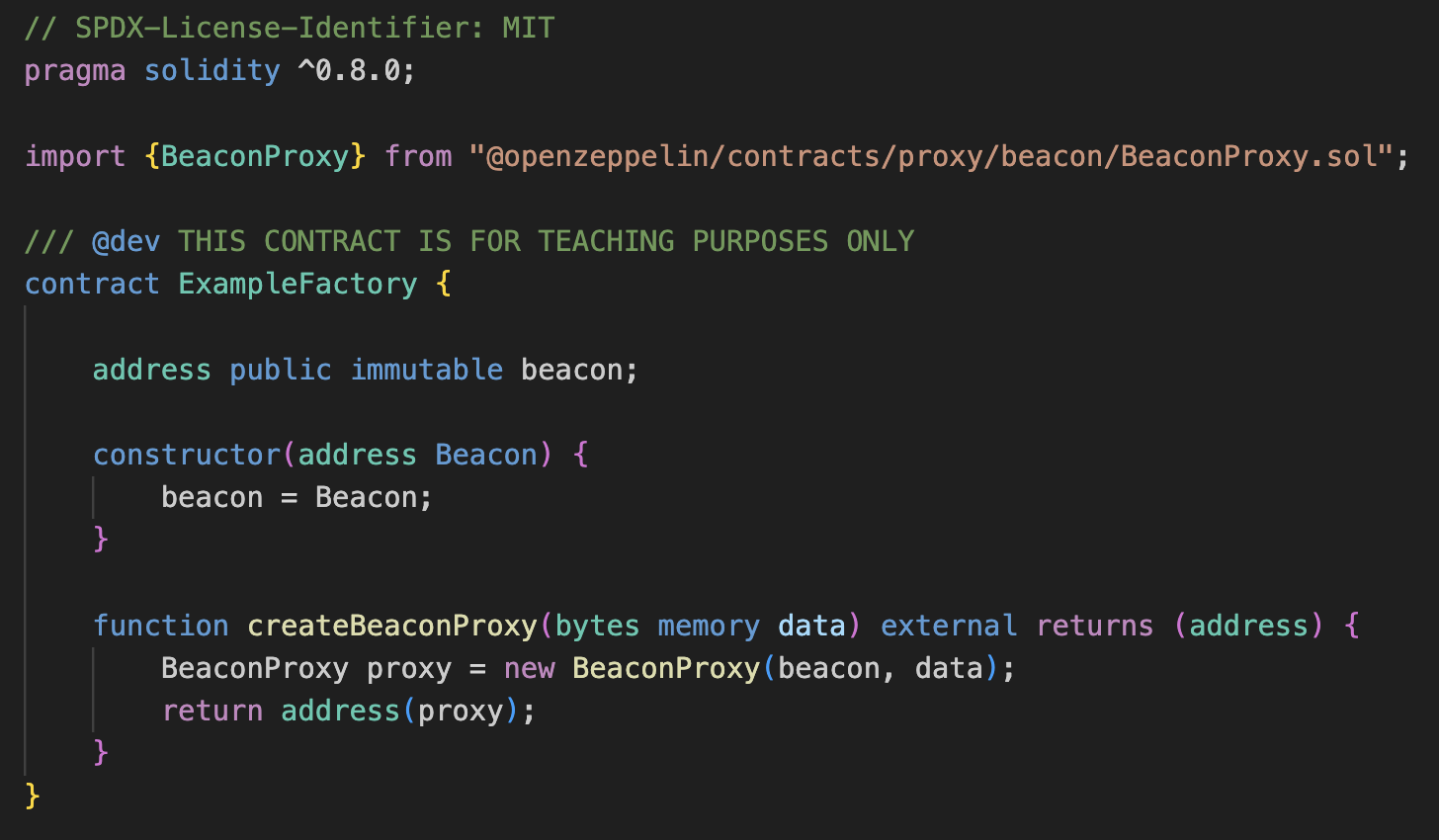 Factory contract for Beacon Proxy Code Example