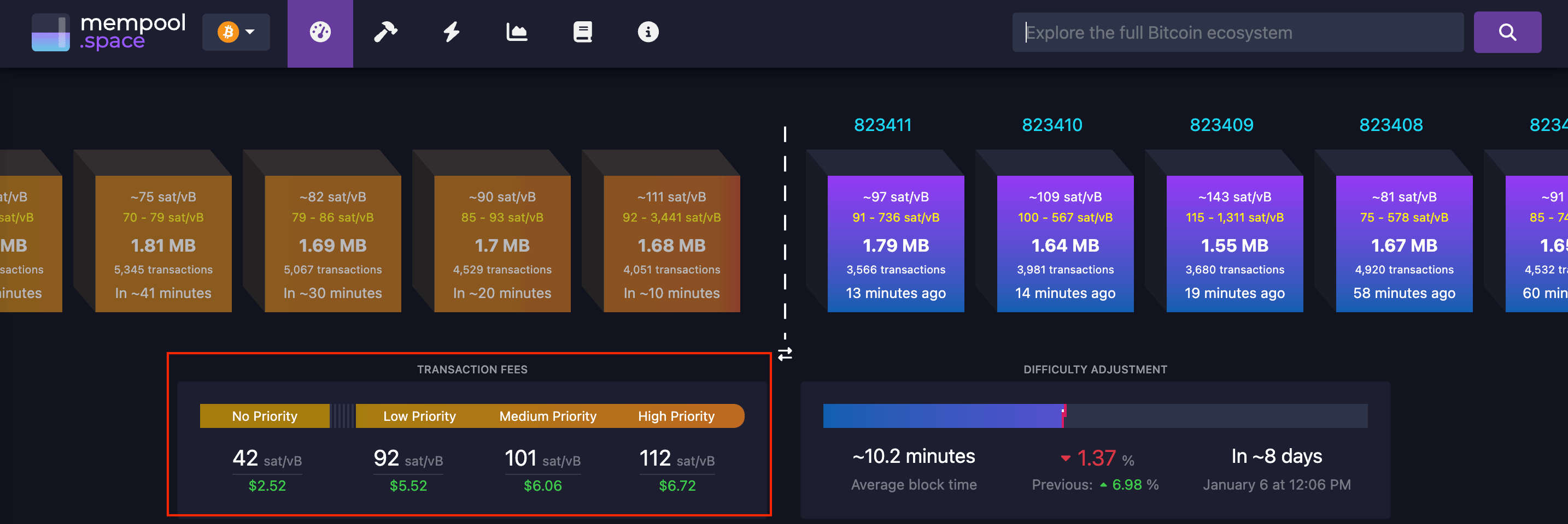 mempool.space 上显示的比特币费用估算