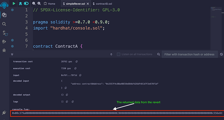 revert with a string argument returns the ABI encoding of the Error function Error(string) 