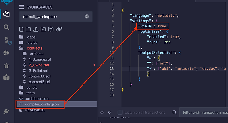 setting the `"viaIR":true` in the configuration json file