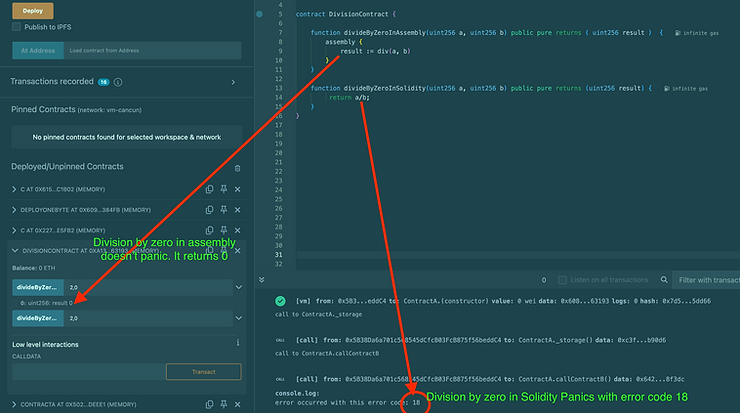 Division by zero error return value in solidity (18) vs assembly (0)