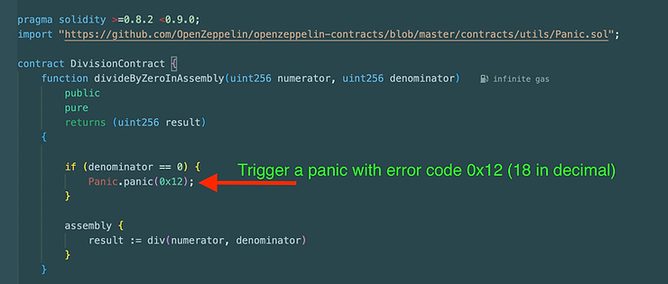 how to use OZ's custom Panic Library with error code 0x12 (18 in decimals)