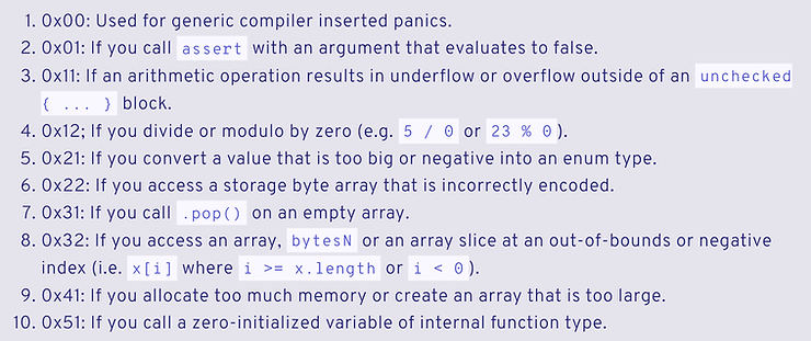 List of error codes referring to the different kinds of panics in Solidity