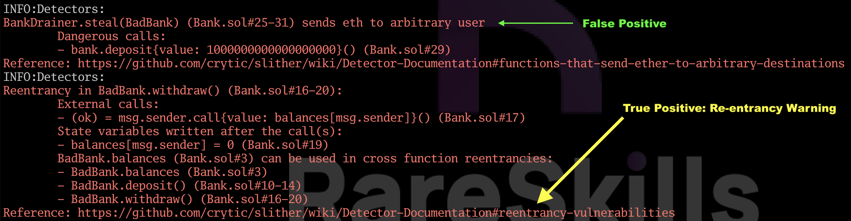 Slither 显示 Solidity 源代码中两个警告的截图