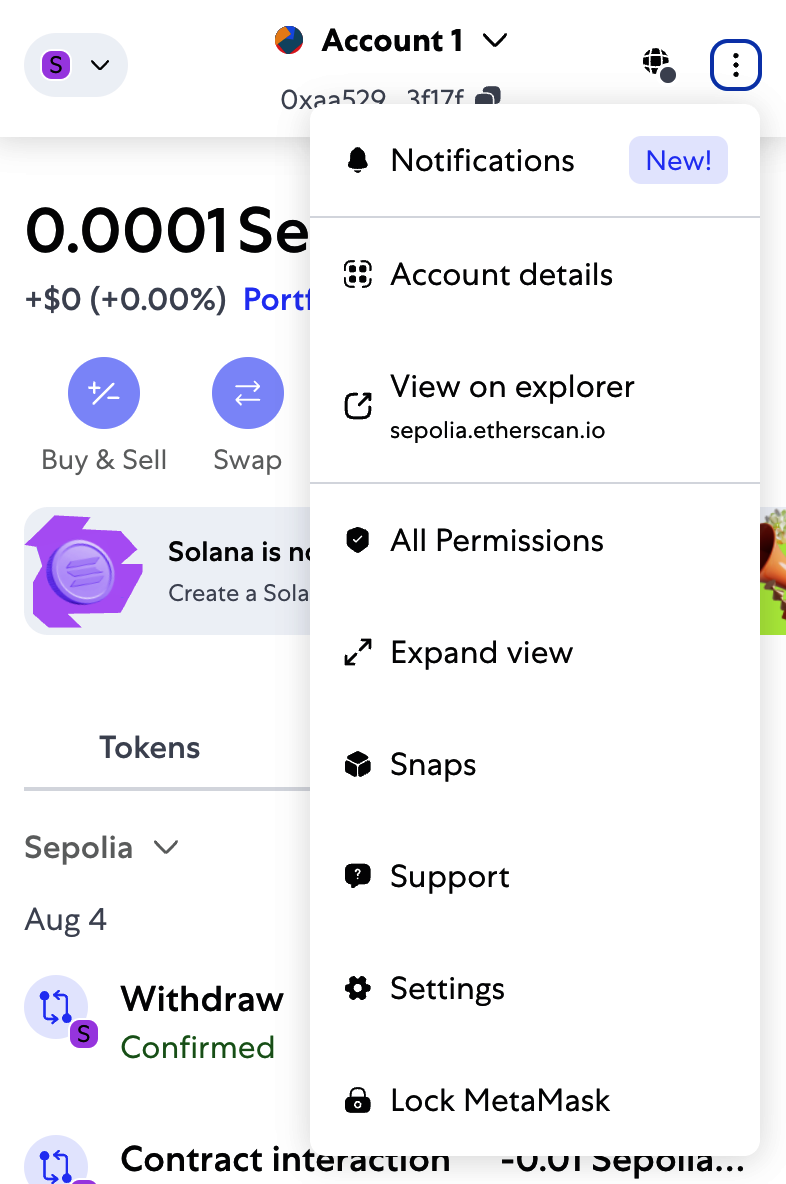 MetaMask 帐户上下文菜单
