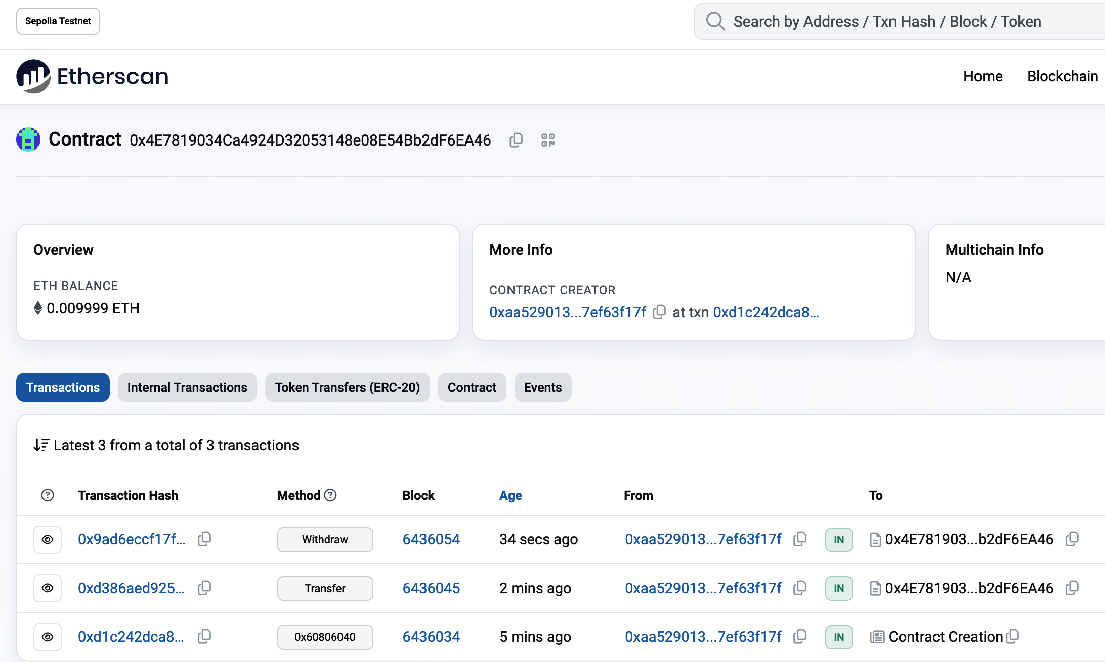 Etherscan 显示调用 withdraw 函数的交易