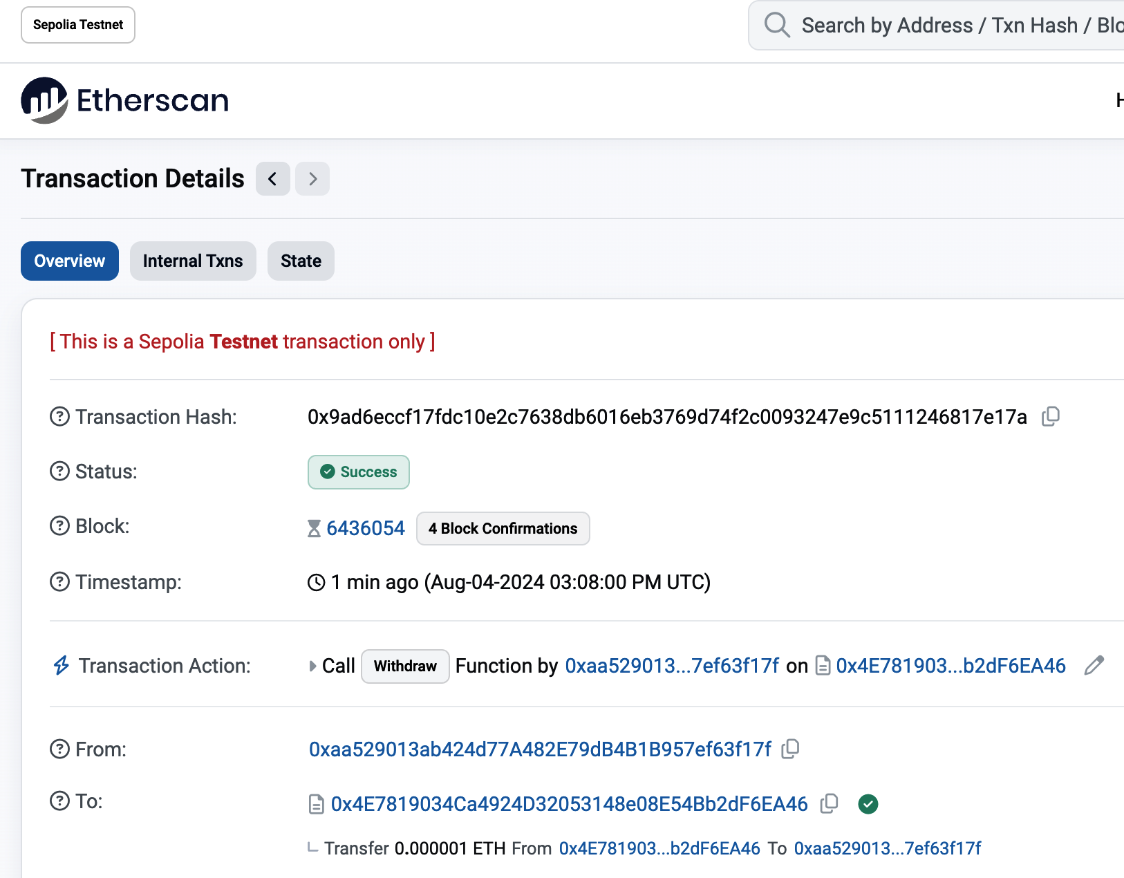 Etherscan 显示将以太币从合约中转出的内部交易