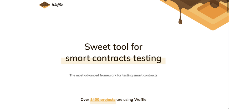 screenshot from the Waffle website showing the words “Sweet tools for smart contract testing” and an image of a waffle
