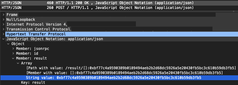 Wireshark流量与JSON-RPC调用回答检测到的交易哈希